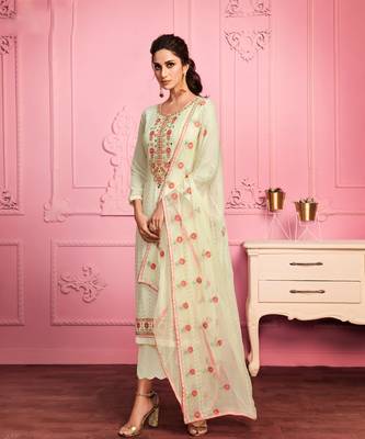 Cream Embroidered Pakistani Pant Suit 1