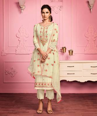 Cream Embroidered Pakistani Pant Suit 2