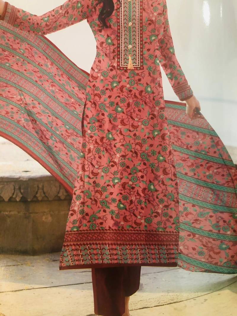 Designer Floral Printed Cotton Suit with Trendy Printed Dupatta