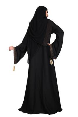 Khadija Fashion,Women,Golden Flower Design Burqa And Golden Stone Worked Sleeve. 2