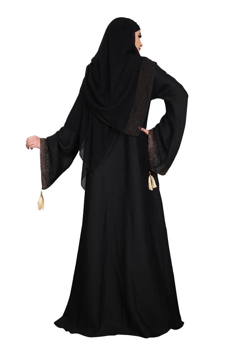 Khadija Fashion,Women,Golden Flower Design Burqa And Golden Stone Worked Sleeve.