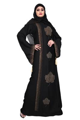 Khadija Fashion,Women,Golden Flower Design Burqa And Golden Stone Worked Sleeve. 3