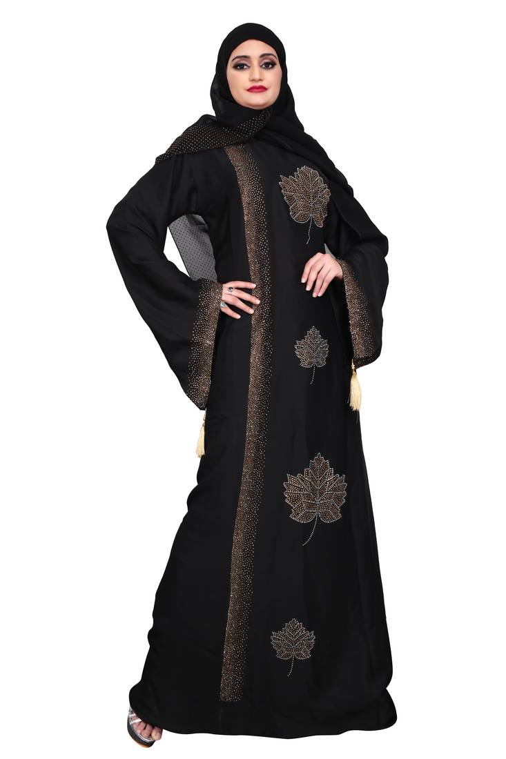 Khadija Fashion,Women,Golden Flower Design Burqa And Golden Stone Worked Sleeve.
