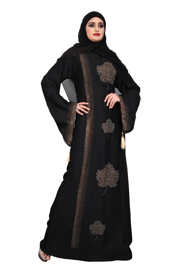 Khadija Fashion,Women,Golden Flower Design Burqa And Golden Stone Worked Sleeve.