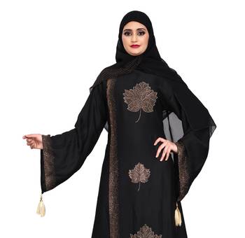Khadija Fashion,Women,Golden Flower Design Burqa And Golden Stone Worked Sleeve. 5