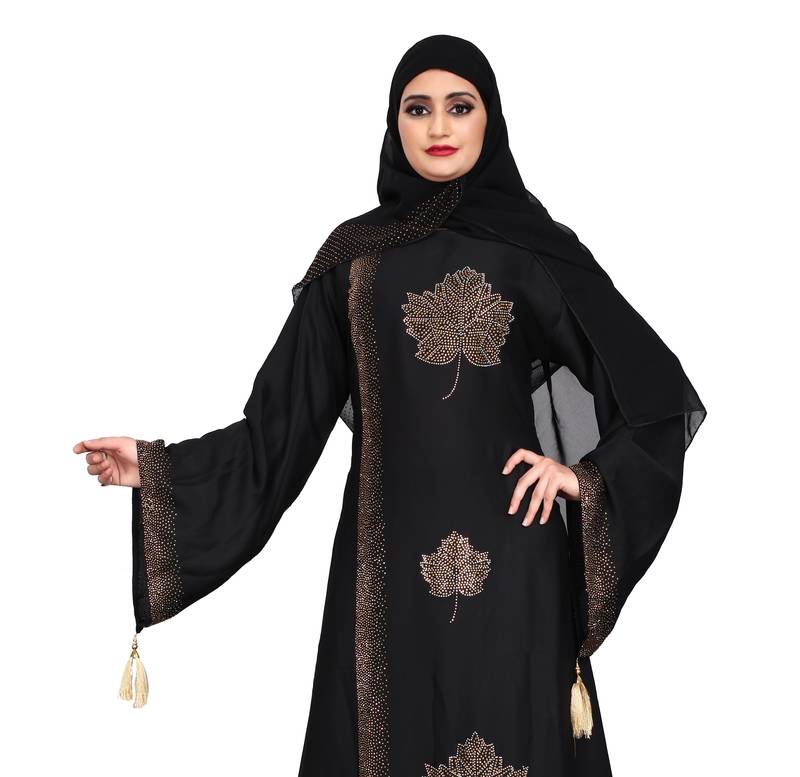 Khadija Fashion,Women,Golden Flower Design Burqa And Golden Stone Worked Sleeve.