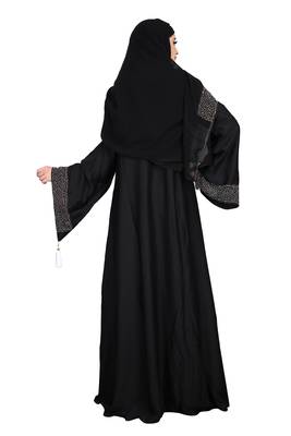 Khadija Fashion,Women,Golden Flower Design Burqa And Silver Stone Worked Sleeve. 2