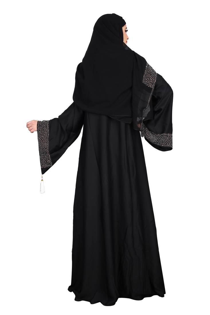 Khadija Fashion,Women,Golden Flower Design Burqa And Silver Stone Worked Sleeve.