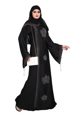 Khadija Fashion,Women,Golden Flower Design Burqa And Silver Stone Worked Sleeve. 3