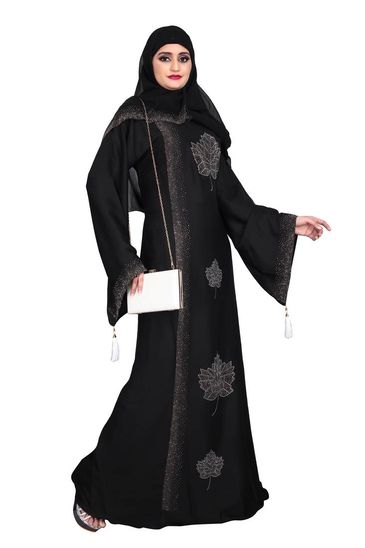 Khadija Fashion,Women,Golden Flower Design Burqa And Silver Stone Worked Sleeve.