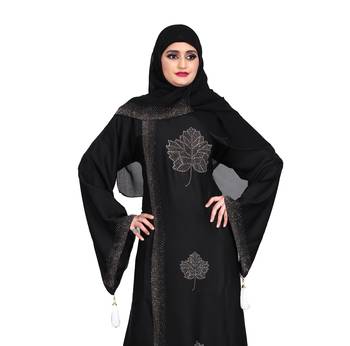 Khadija Fashion,Women,Golden Flower Design Burqa And Silver Stone Worked Sleeve. 4