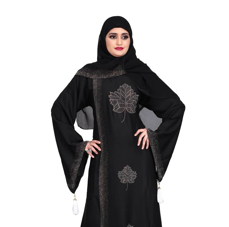 Khadija Fashion,Women,Golden Flower Design Burqa And Silver Stone Worked Sleeve.