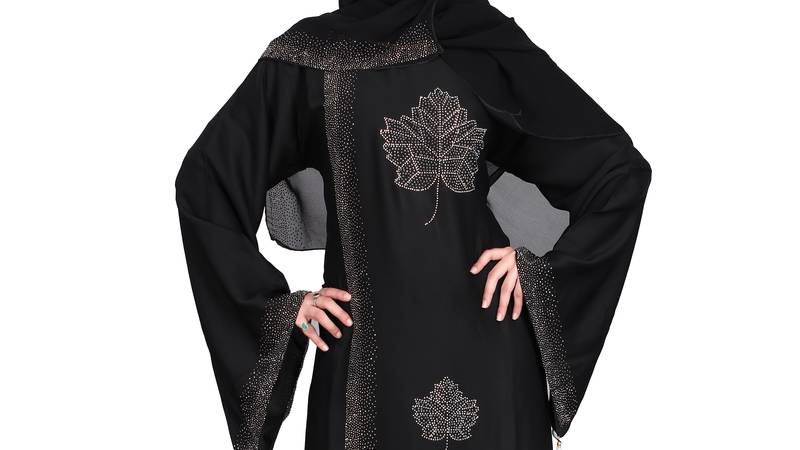 Khadija Fashion,Women,Golden Flower Design Burqa And Silver Stone Worked Sleeve.