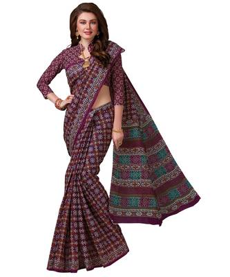 Women's Purple & Blue Pure Cotton Ikkat Printed Saree with Blouse Piece 1