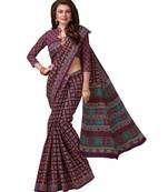 Women's Purple & Blue Pure Cotton Ikkat Printed Saree with Blouse Piece