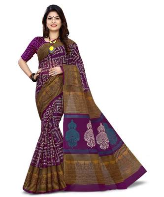 Women's Purple & Gold Pure Cotton Printed Saree with Blouse Piece 1