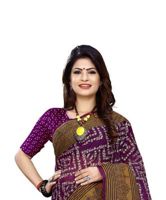 Women's Purple & Gold Pure Cotton Printed Saree with Blouse Piece 2