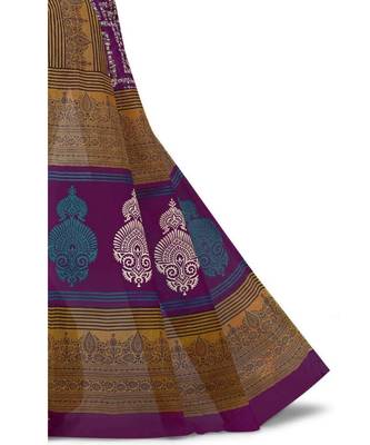 Women's Purple & Gold Pure Cotton Printed Saree with Blouse Piece 3