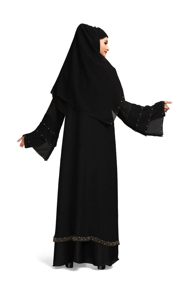 Khadija Fashion,Women's Three Layer Golden Pearl Sleeve,Soft Nida Fabric Burqa.