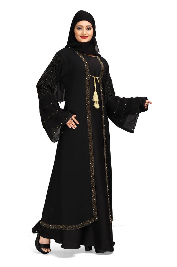 Khadija Fashion,Women's Three Layer Golden Pearl Sleeve,Soft Nida Fabric Burqa.