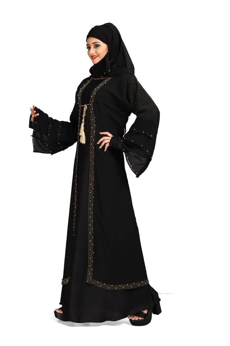 Khadija Fashion,Women's Three Layer Golden Pearl Sleeve,Soft Nida Fabric Burqa.