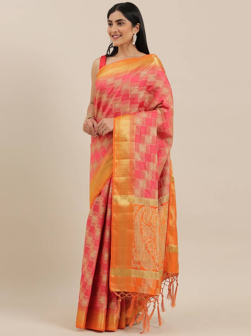 The Chennai Silks Red Dupion Saree With Running Blouse