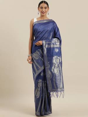 The Chennai Silks Navy Blue Dupion Saree With Running Blouse 1