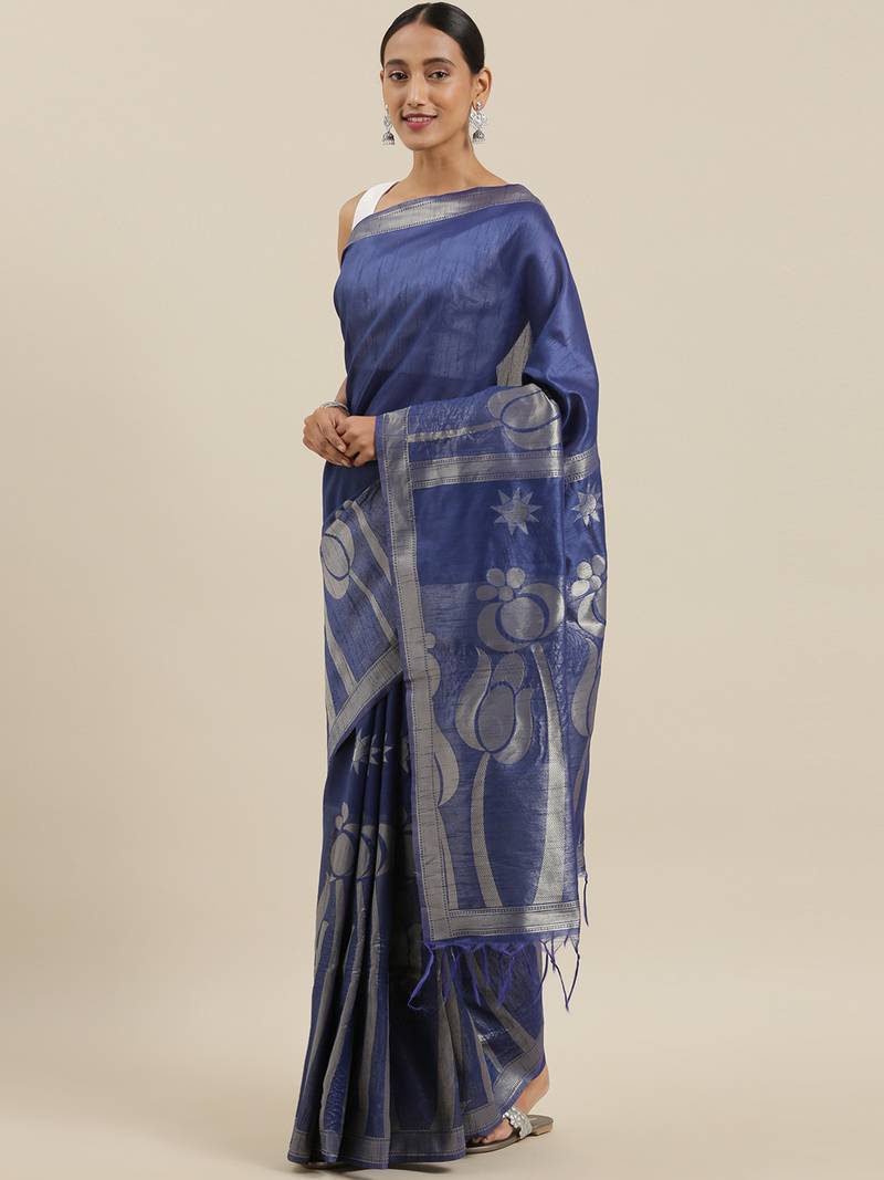 The Chennai Silks Navy Blue Dupion Saree With Running Blouse