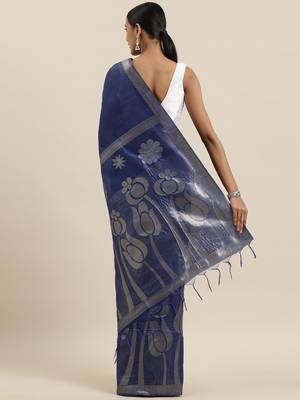 The Chennai Silks Navy Blue Dupion Saree With Running Blouse 3