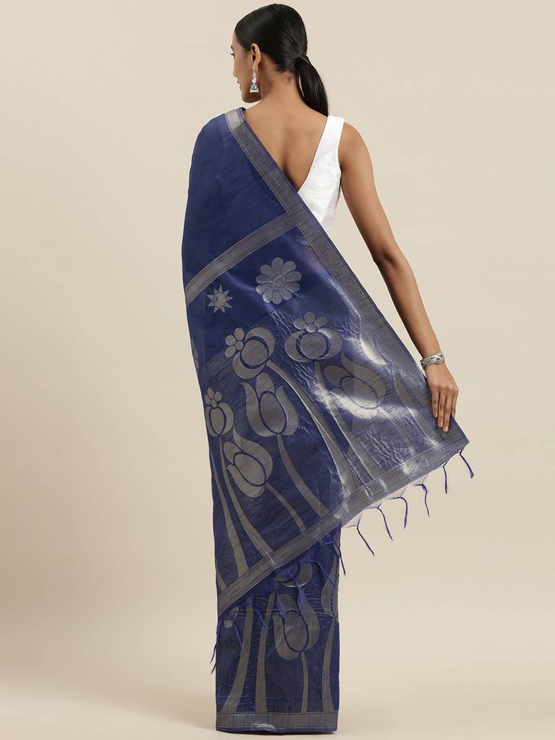 The Chennai Silks Navy Blue Dupion Saree With Running Blouse