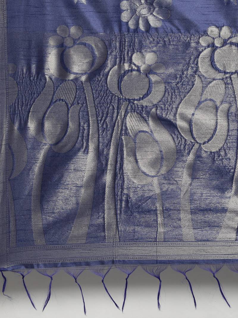 The Chennai Silks Navy Blue Dupion Saree With Running Blouse