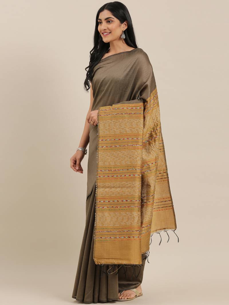 The Chennai Silks Olive Dupion Saree With Running Blouse