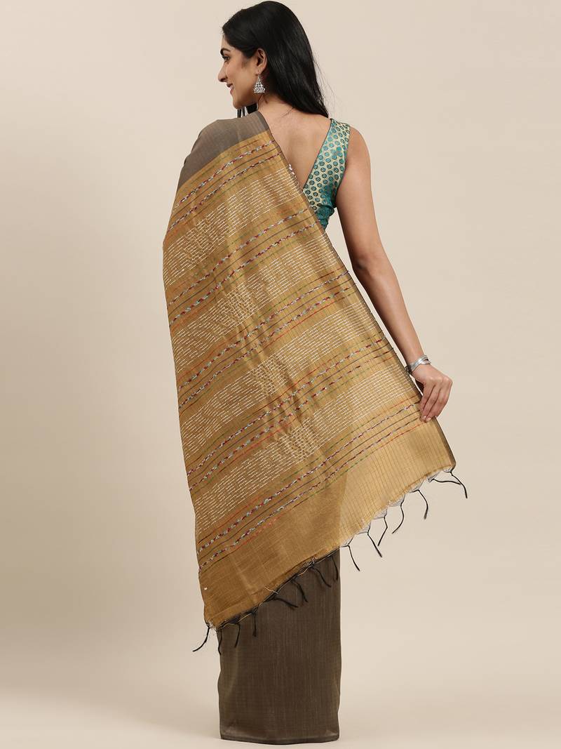 The Chennai Silks Olive Dupion Saree With Running Blouse
