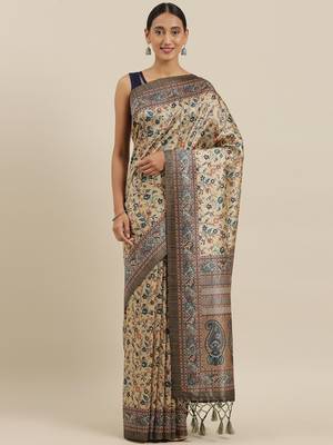 The Chennai Silks Beige Printed Chanderi Cotton Saree With Running Blouse 1