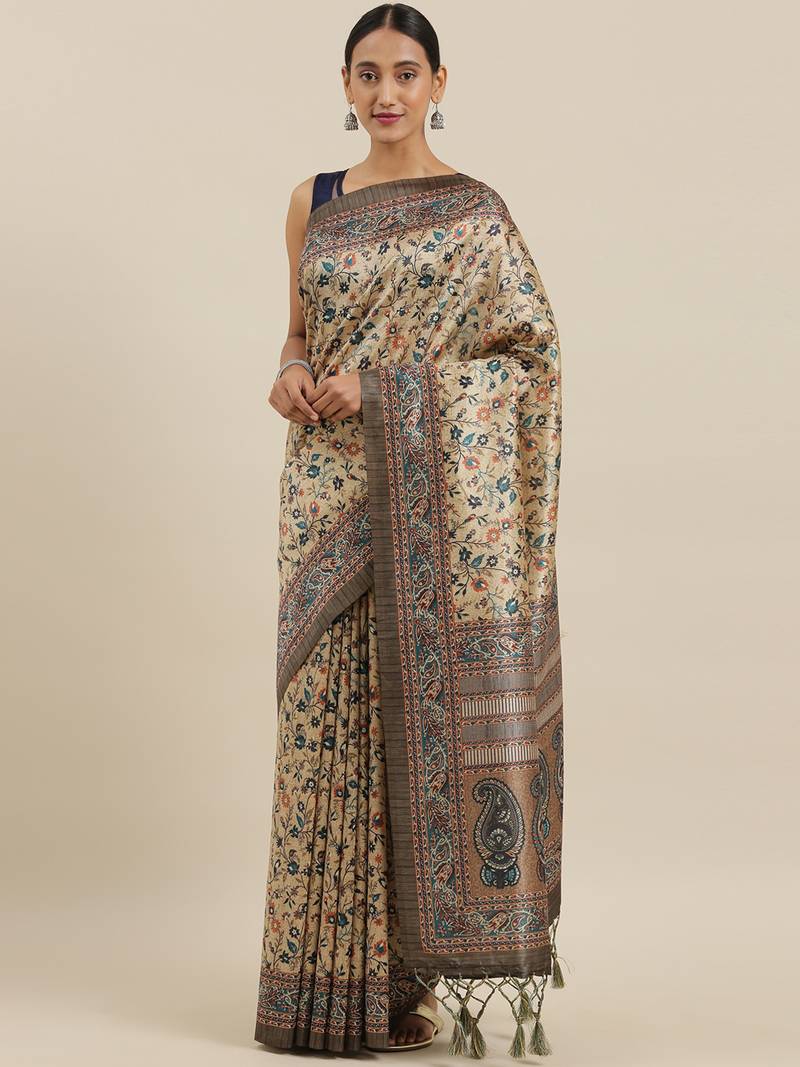 The Chennai Silks Beige Printed Chanderi Cotton Saree With Running Blouse