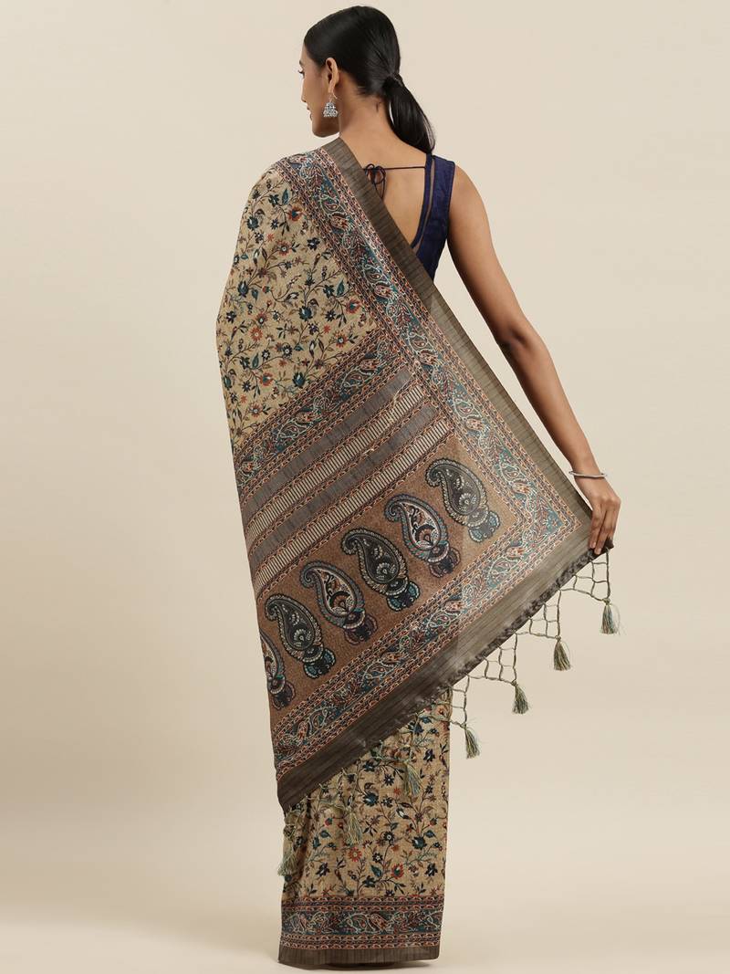 The Chennai Silks Beige Printed Chanderi Cotton Saree With Running Blouse
