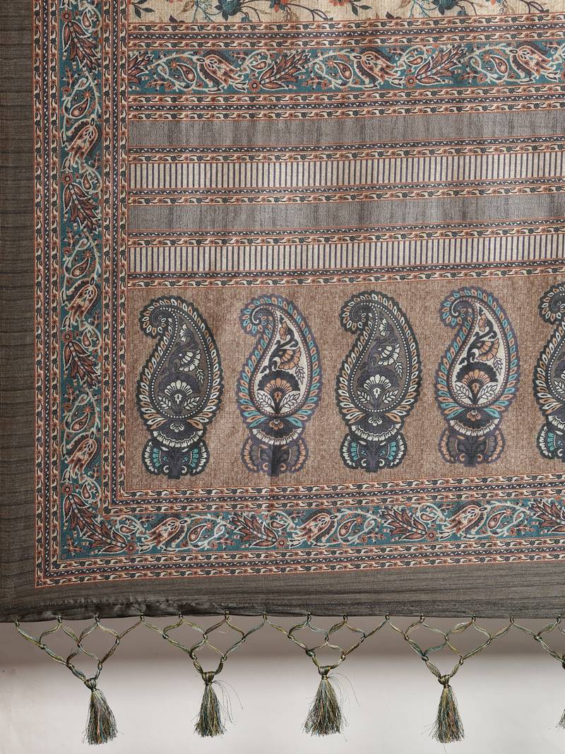 The Chennai Silks Beige Printed Chanderi Cotton Saree With Running Blouse