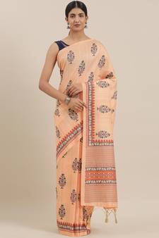 The Chennai Silks Orange Printed Chanderi Cotton Saree With Running Blouse