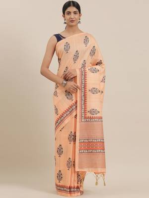 The Chennai Silks Orange Printed Chanderi Cotton Saree With Running Blouse 1