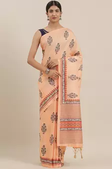 The Chennai Silks Orange Printed Chanderi Cotton Saree With Running Blouse