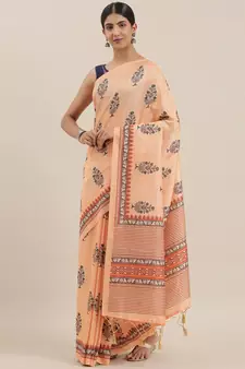 The Chennai Silks Orange Printed Chanderi Cotton Saree With Running Blouse