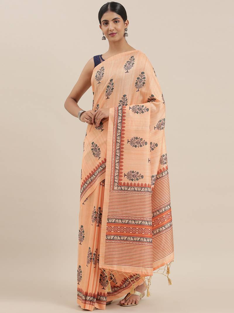The Chennai Silks Orange Printed Chanderi Cotton Saree With Running Blouse