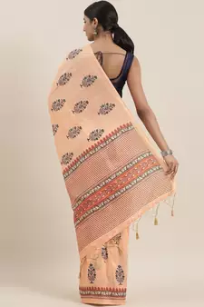 The Chennai Silks Orange Printed Chanderi Cotton Saree With Running Blouse