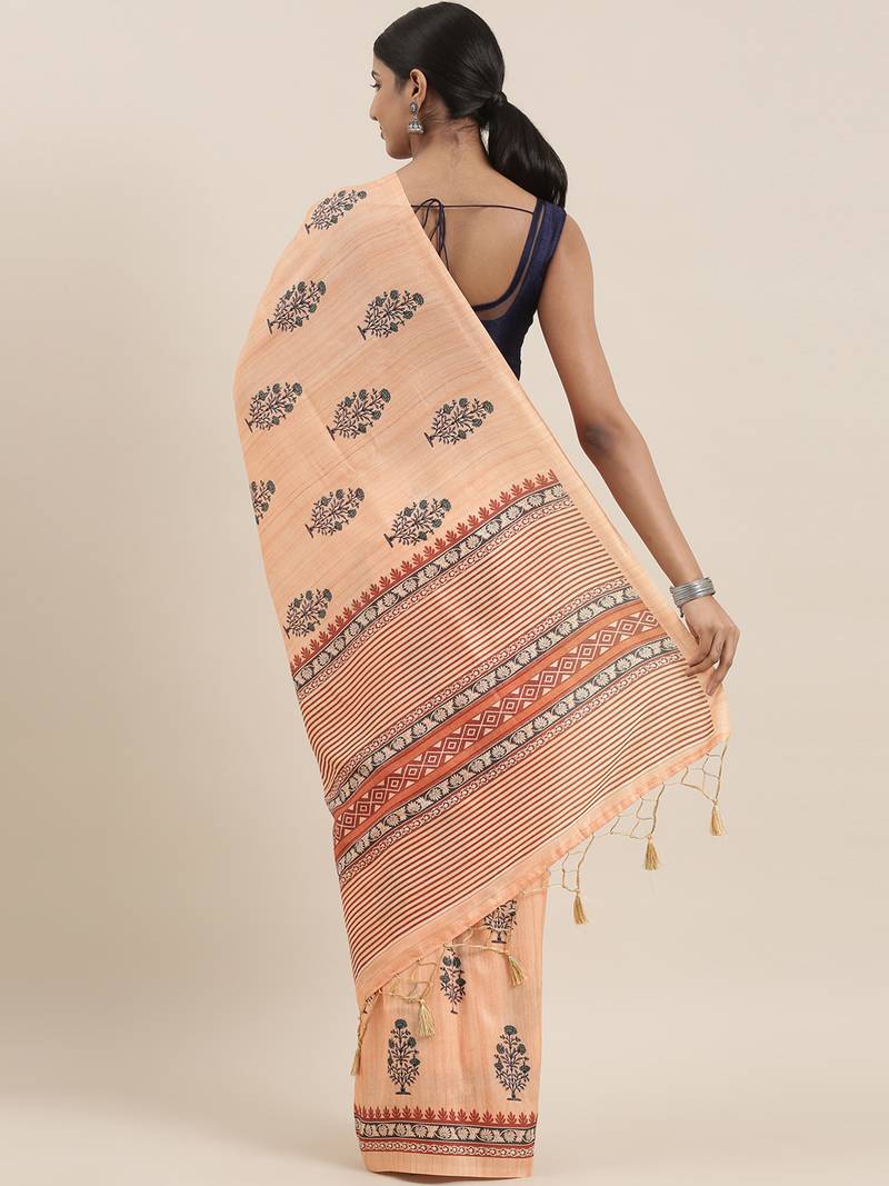 The Chennai Silks Orange Printed Chanderi Cotton Saree With Running Blouse