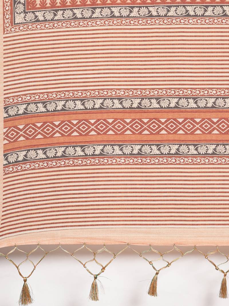 The Chennai Silks Orange Printed Chanderi Cotton Saree With Running Blouse