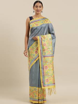 The Chennai Silks Grey Printed Dupion Saree With Running Blouse 1