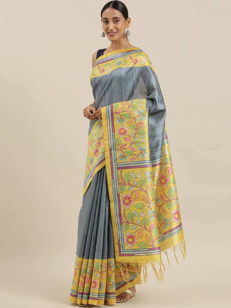 The Chennai Silks Grey Printed Dupion Saree With Running Blouse