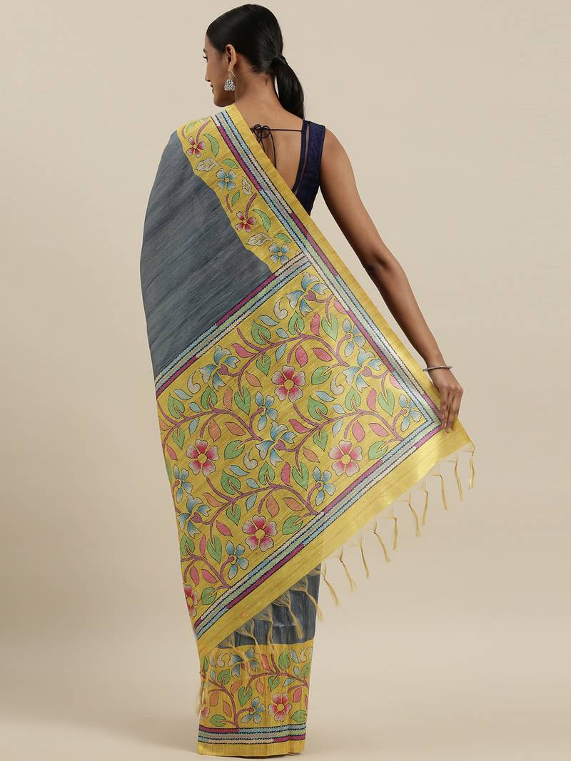 The Chennai Silks Grey Printed Dupion Saree With Running Blouse