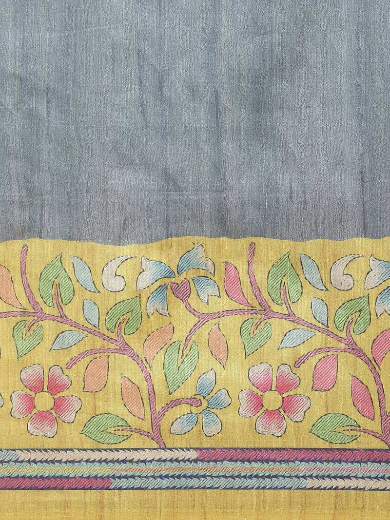 The Chennai Silks Grey Printed Dupion Saree With Running Blouse
