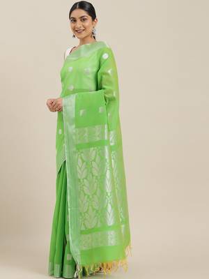The Chennai Silks Green Silk Cotton Saree With Running Blouse 1